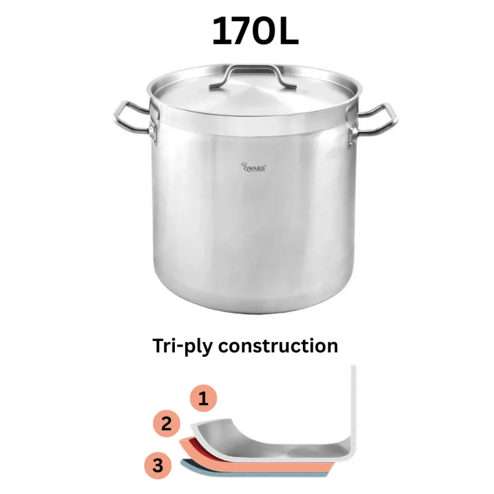 Qware 6060 170L Stainless Steel Sandwich Bottom Stock Pot with Lid