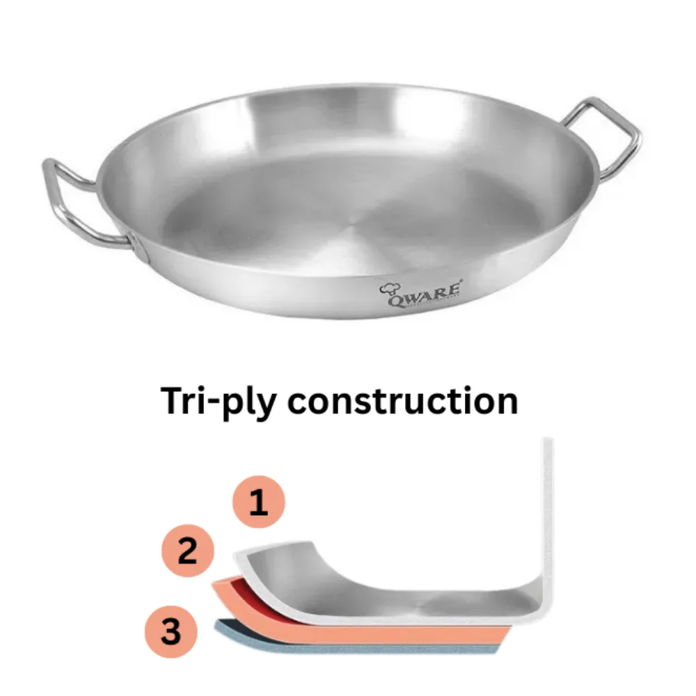 Qware 3653-D Stainless Steel Sandwich Bottom Dual Handle Frying Pan