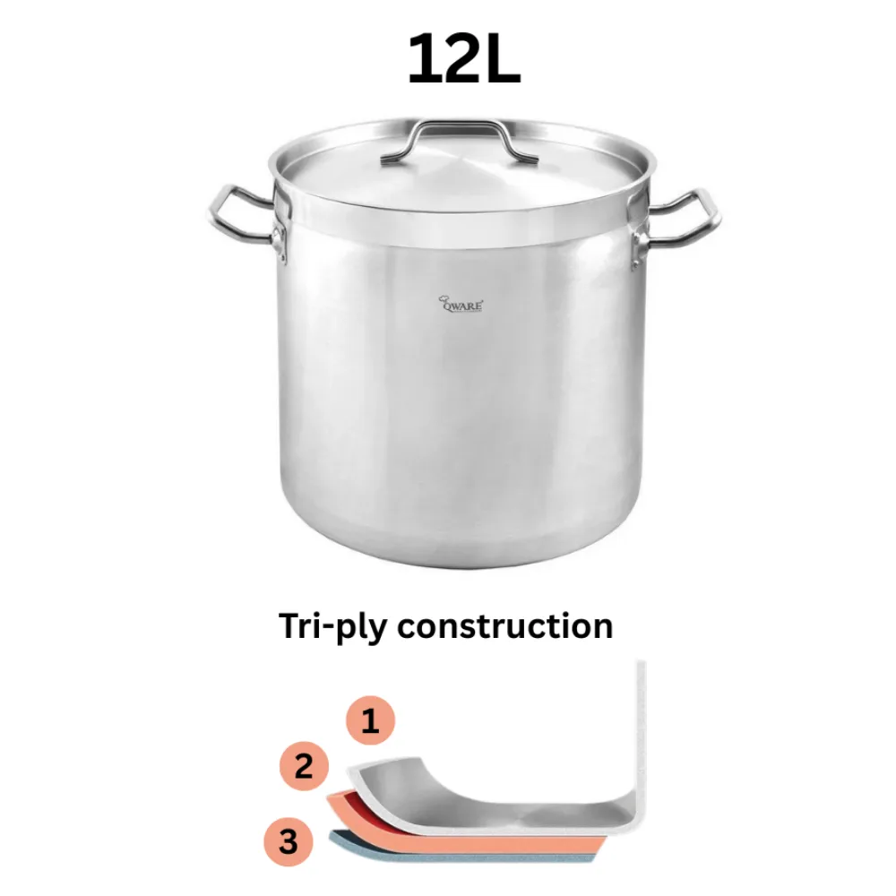 Qware 2525 12L Stainless Steel Sandwich Bottom Stock Pot with Lid